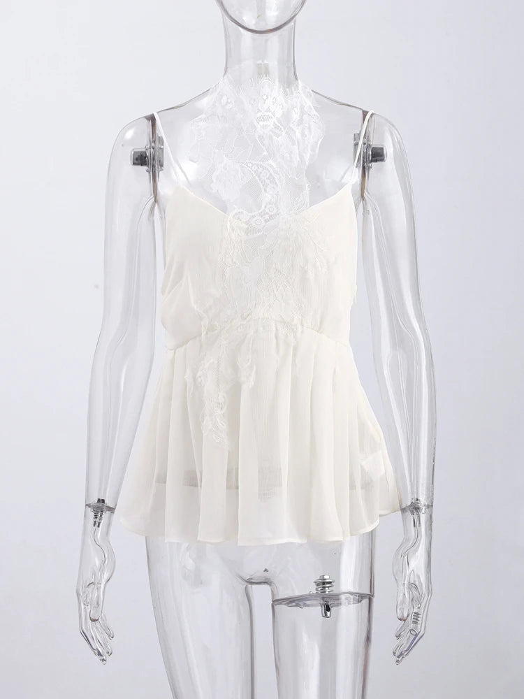 LIZAKOSHT  -  Women Lace Patchwork Top Choker Vest Spaghetti Strap V Neck Sheer Tops Flowy Sleeveless Tank Summer Suit Casual Wear Street Look