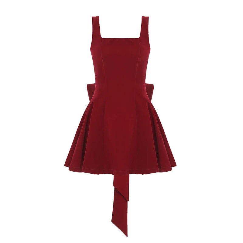LIZAKOSHT  -  A-line Pleated Dress Party Holiday Red Backless Removable Bow Princess Dresses Coquette Aesthetic Mini Sundress Y2K