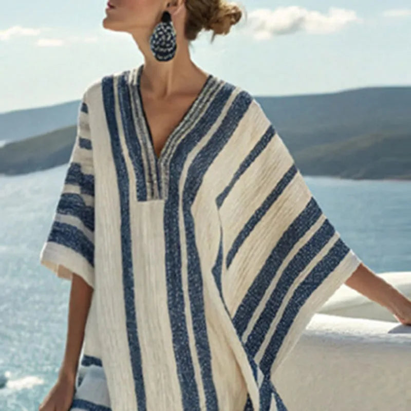 LIZAKOSHT  -  Summer Loose Batwing Sleeve Boho Dress Vestidos Casual Retro Ethnic Beach Style Dress Elegant Striped Print V Neck Holiday Dress