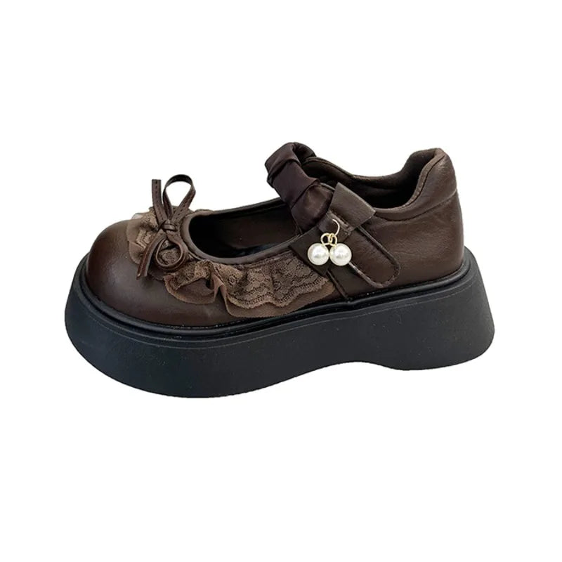 LIZAKOSHT  -  British Style Vintage Women Mary Jane Shoes Concise Butterfly-knot Single Shoes Ladies Height Increase Dress Leather Pumps