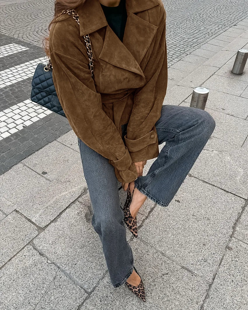 LIZAKOSHT  -  Vintage Suede Coats Women Aututmn Winter Turn-down Collar Brown Outerwears with Belt Office Lady Double Breasted Jackets