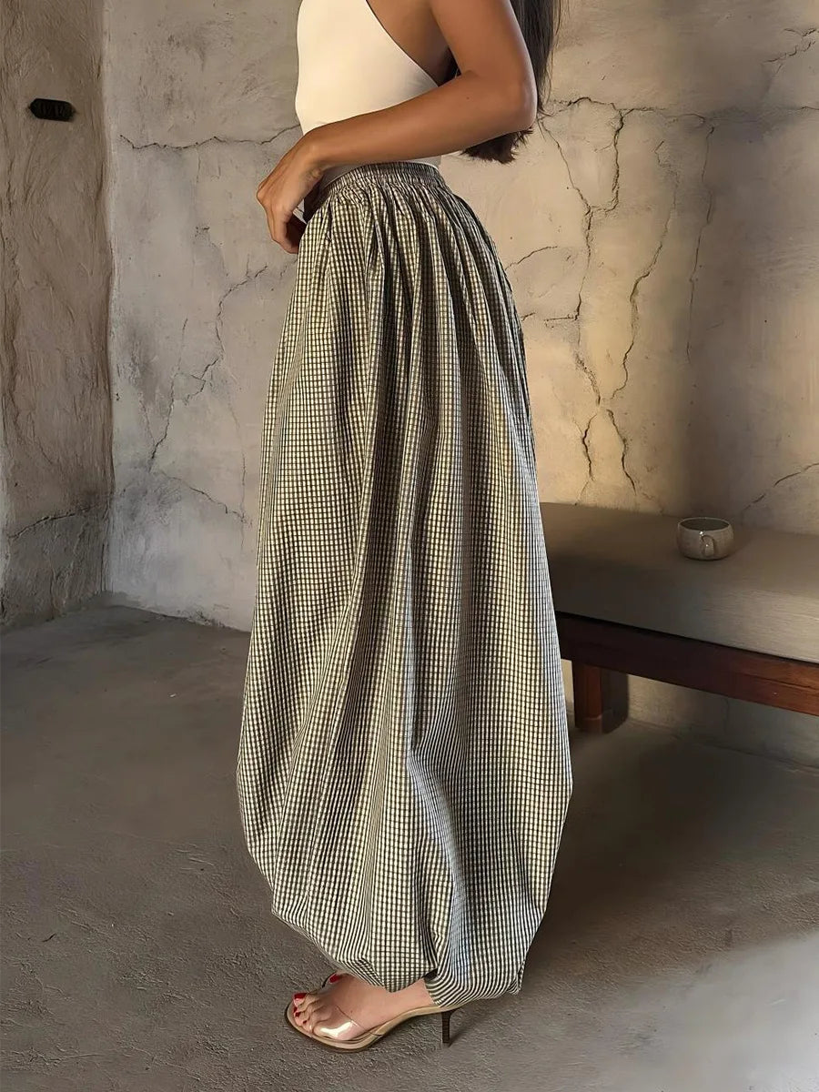 LIZAKOSHT  -  Women's New Retro Brown Lantern Pants High Waist Trendy Loose Fit Plaid Spring Summer Fashion Trousers
