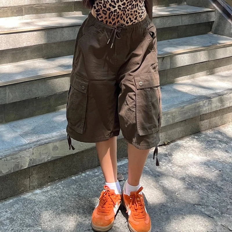 LIZAKOSHT  -  American Retro Cargo Bermuda Shorts Loose Knee Length Denim Shorts with Drawstring Y2K Aesthetic Grunge Women Jorts