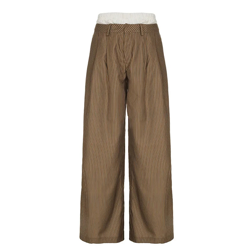 LIZAKOSHT  -  Summer New Cross Border Waist Patch Stripe Casual Pants Simple Drape Contrast Straight Suit Pants