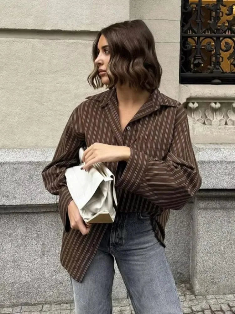 LIZAKOSHT  -  Striped Shirt Women Casual Loose Single Breasted Turn-down Collar Blouse 2025 New Summer Office Lady Simple Long Sleeve Shirts