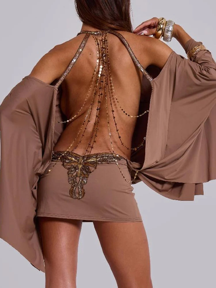 LIZAKOSHT  -  Spicy Girl Sequins Off Shoulder Halter Mini Dress Waist Cinched Backless Boutique Dresses Lady New Party Prom Customized Gown