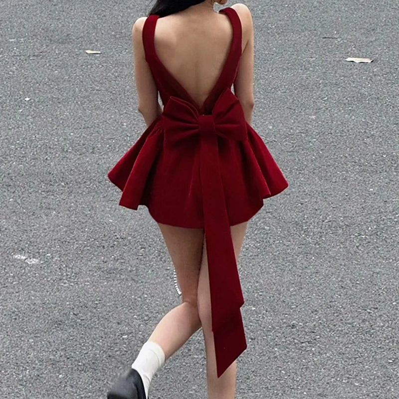 LIZAKOSHT  -  A-line Pleated Dress Party Holiday Red Backless Removable Bow Princess Dresses Coquette Aesthetic Mini Sundress Y2K