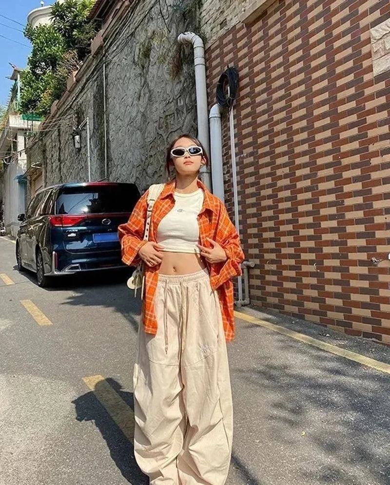 LIZAKOSHT  -  Women Striped Jazz Dance Pants Blue Loose Casual Lazy Wide Leg Pants Harajuku Y2K Summer American Streetwear Cargo Pants