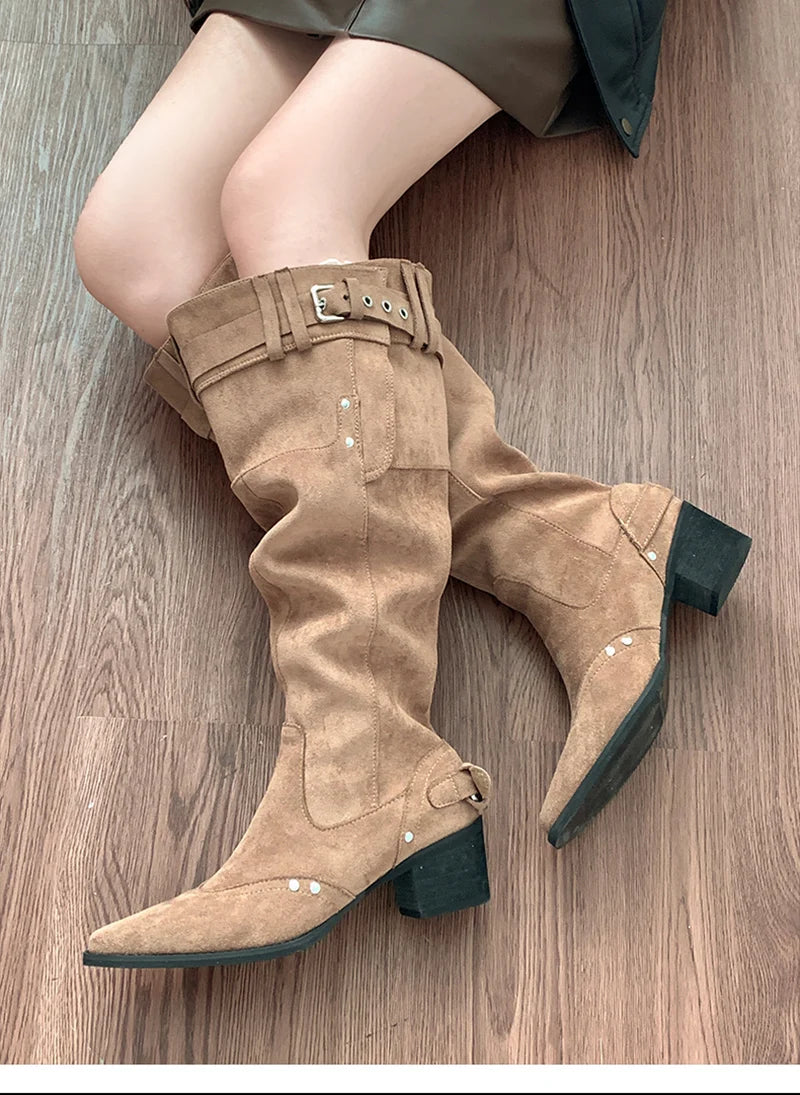 LIZAKOSHT  -  Vintage Rivet Hottie Women Knee-High Boots Fashion Belt Buckle Female Pleated Knight Long Booties Shoes