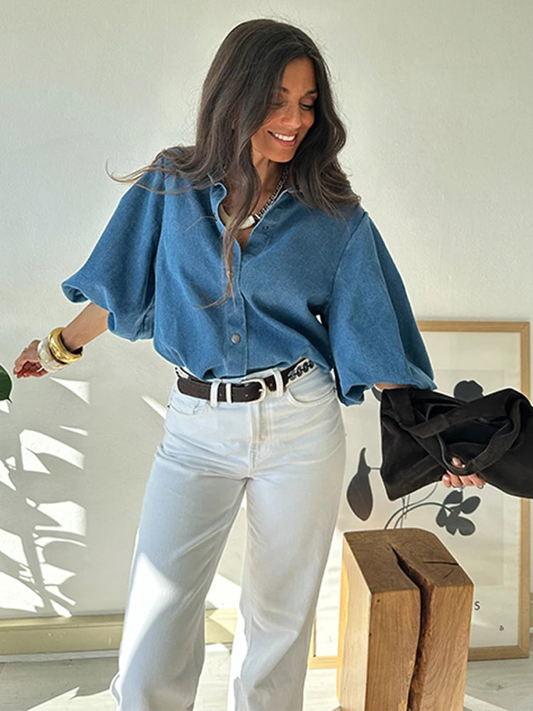 LIZAKOSHT  -  Denim Long Lantern Sleeve Shirts Women Single Breasted Turn-down Collar Loose Shirts Vintage 2025 Spring Commute Blouse Tops