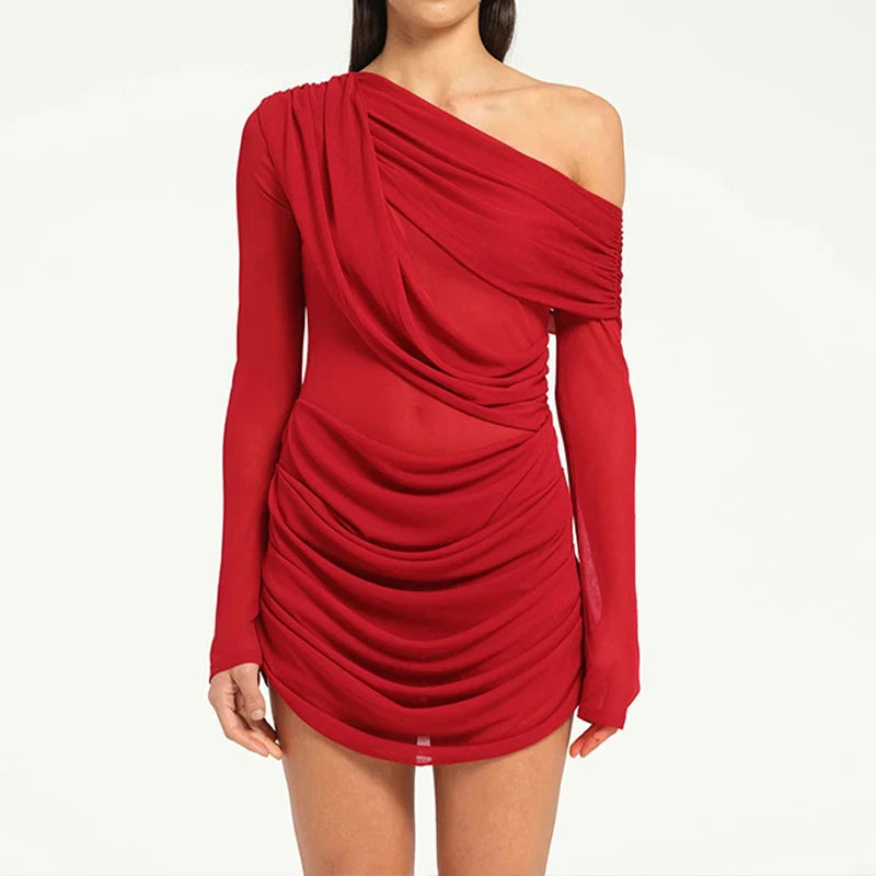 LIZAKOSHT  -  Irregular Fashion Solid Color Long Sleeve Slimming Mesh Inclined Shoulder Shrink Fold Short Dress Sexy Street Clothing