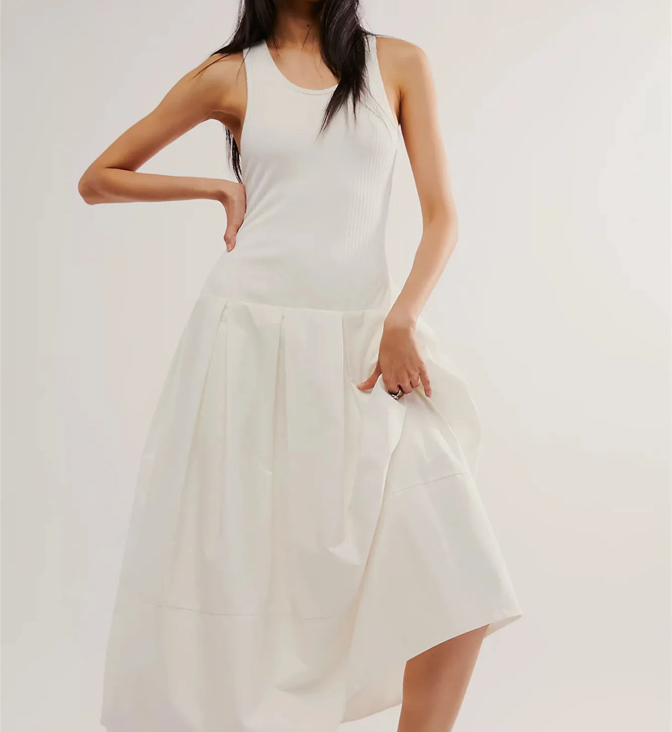 LIZAKOSHT  -  Women Drop Waist Midi Dress Summer Sleeveless Patchwork Tank Dress Y2k Bubble Hem A Line Maxi Dress with Pockets