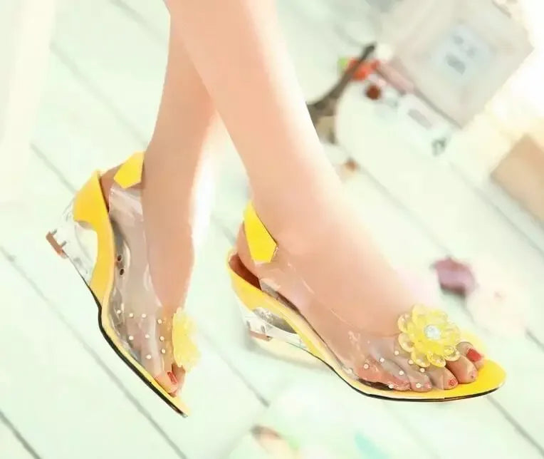 LIZAKOSHT  -  Large Size Female Sandals Summer New Rhinestone Wedge Heel Sweet Flowers Transparent Waterproof  Leisure Women's Jelly Shoes