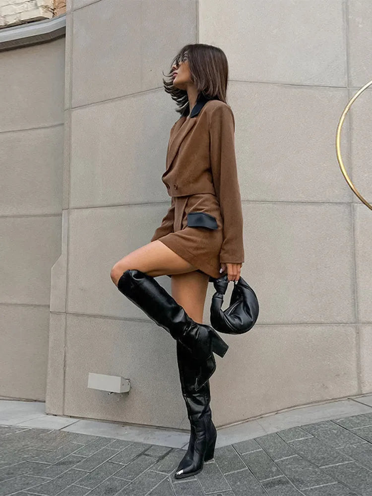 LIZAKOSHT  -  Irregular Mini Skirts Short Coats 2 Piece Set Woman Wrap Buttock Long Sleeve Turn-Down Collar Tops Slim Sexy Fashion Out Suits
