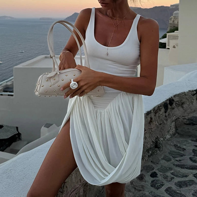 LIZAKOSHT  -  Irregular Hem Design Party Holiday Mini Chic Dresses For Women Solid Color U Neck Straps Draped Casual Sexy Tank Dress