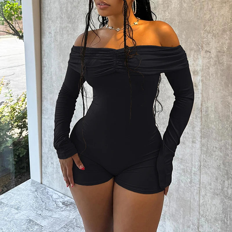 LIZAKOSHT  -  Off Shoulder Long-sleeved Solid Ruched Bodycon Romper Fashion Autumn Women Skinny Slash Neck One Piece Onesies Clubwear Outfits