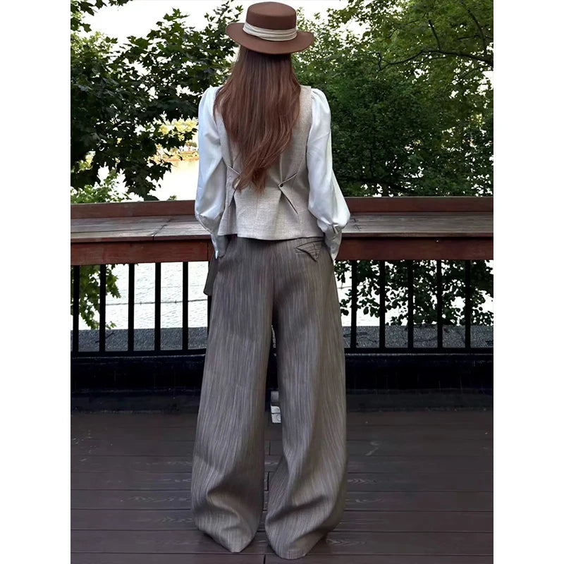 LIZAKOSHT  -  Women's Autumn Winter Striped High Waist Trousers Office Girl Retro Straight Pants Female Wide Leg Streetwear