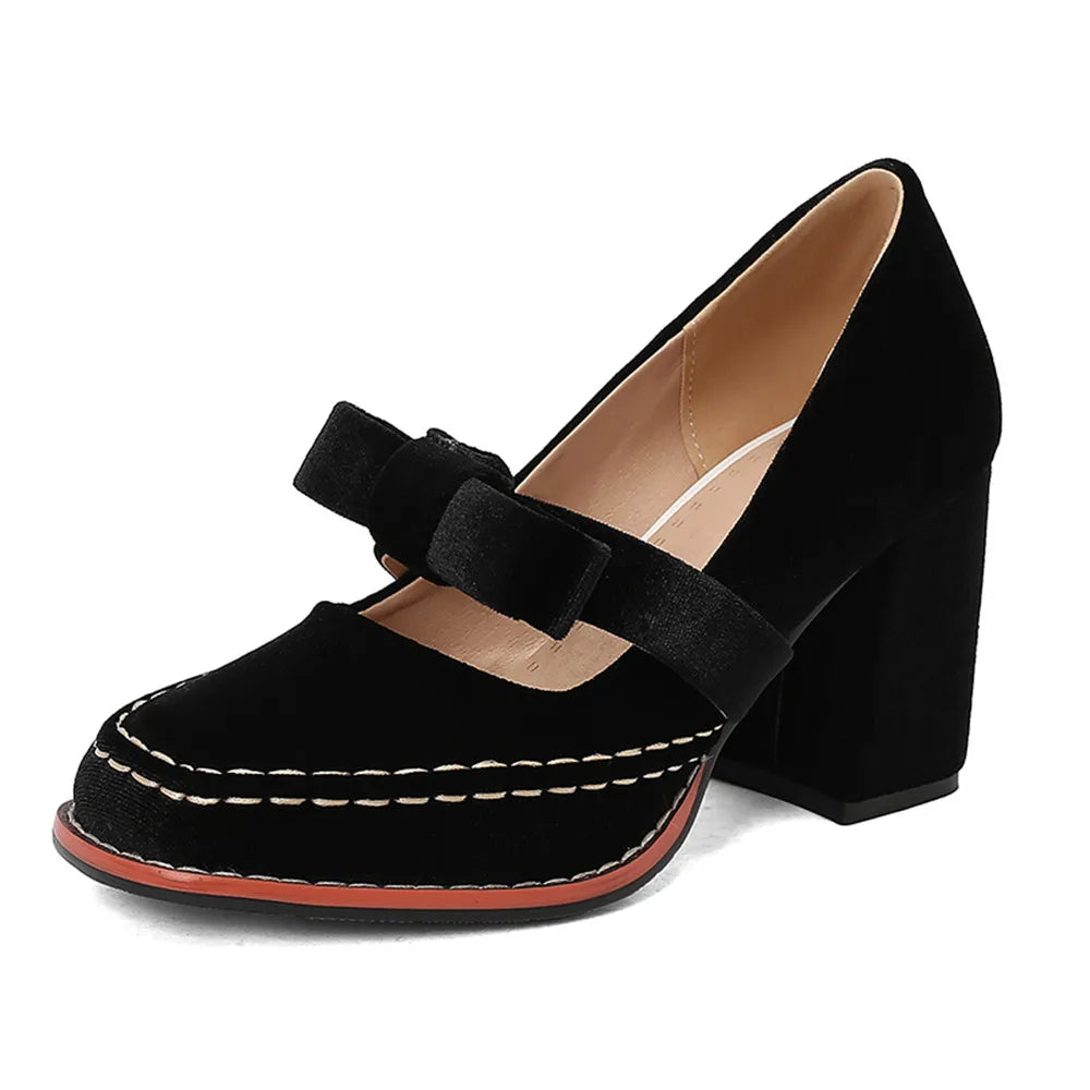LIZAKOSHT  -  Plus Size 33-48 Retro Burgundy Elegant Office Lady Mary Janes Pumps Vintage Green Square High Heels Shoes with Bow Tie