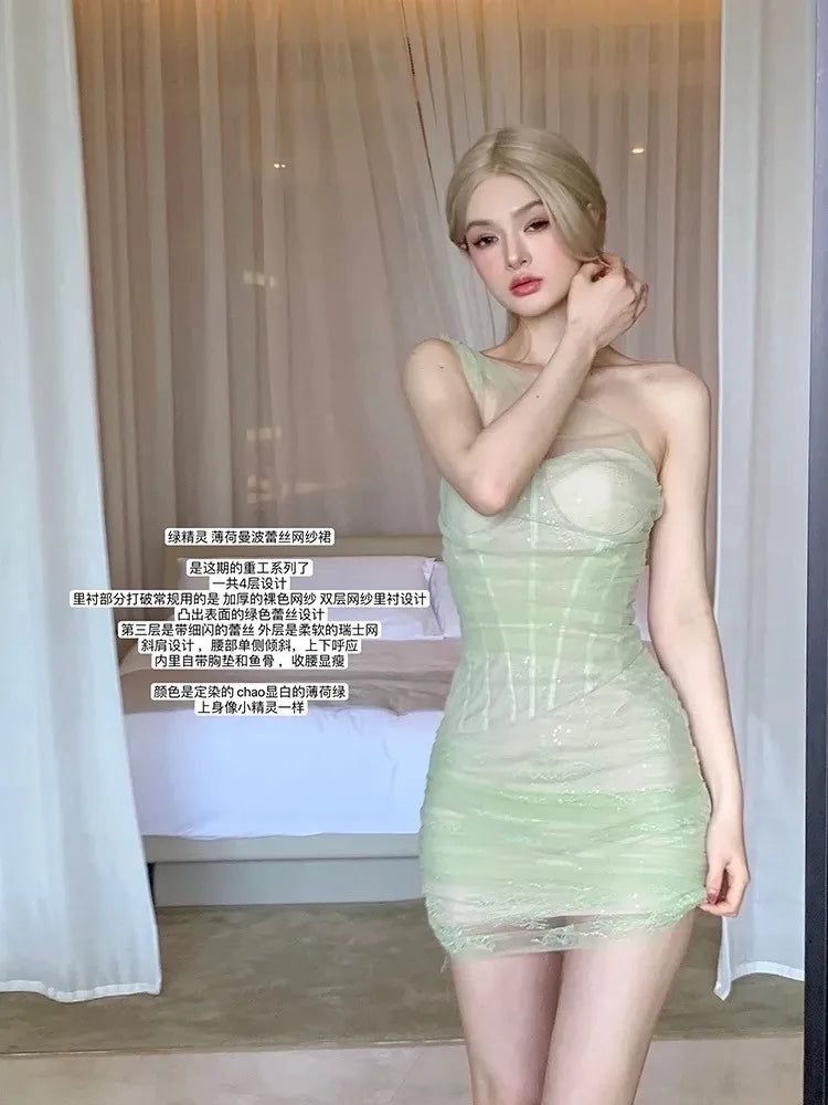 LIZAKOSHT  -  Summer Sleeveless One-shoulder Temperament Mint Mambo Stitching Lace Mesh Slim-fit Sexy Short Dress