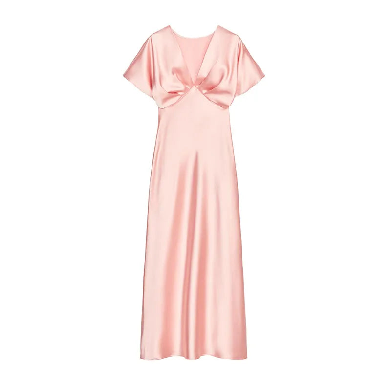 LIZAKOSHT  -  Elegant Satin Solid Long Dress Women V-neck Short Sleeve Pleated Female Party Dresses Summer Lady Chic Holiday Beach Robes