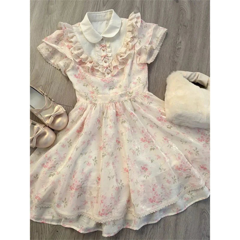 LIZAKOSHT  -  Kawaii Floral Mini Dress Women Japanese Lolita Cute Bow Ruffles Patchwork Dresses Summer Korean Fashion Bodycon A Line Vestidos