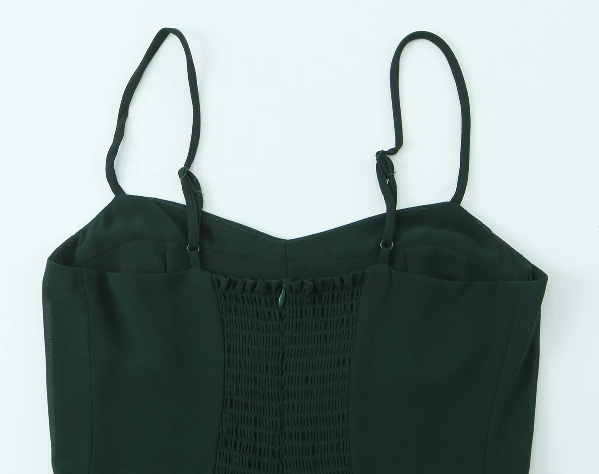 LIZAKOSHT  -  French Style Retro Dark Green V neck Corset Style Sling Dress Women Elastic Back Ruffles Hem Short Dresses Summer Robe Vestidos