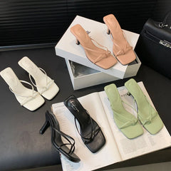 LIZAKOSHT  -  Summer High Heels Slipper Women Sandals French Style Lazy Style Narrow Band Slipper Design Slides Vacation Flip Flops Mujer
