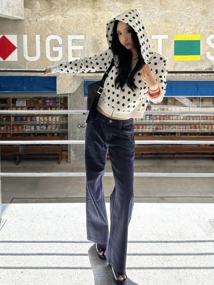 LIZAKOSHT  -  Autumn Vintage Polka Dot Casual Drawstring Hoodie Harajuku Harajuku Grunge Loose Sweatshirts Women Y2k Aesthetic Zipper Hoody