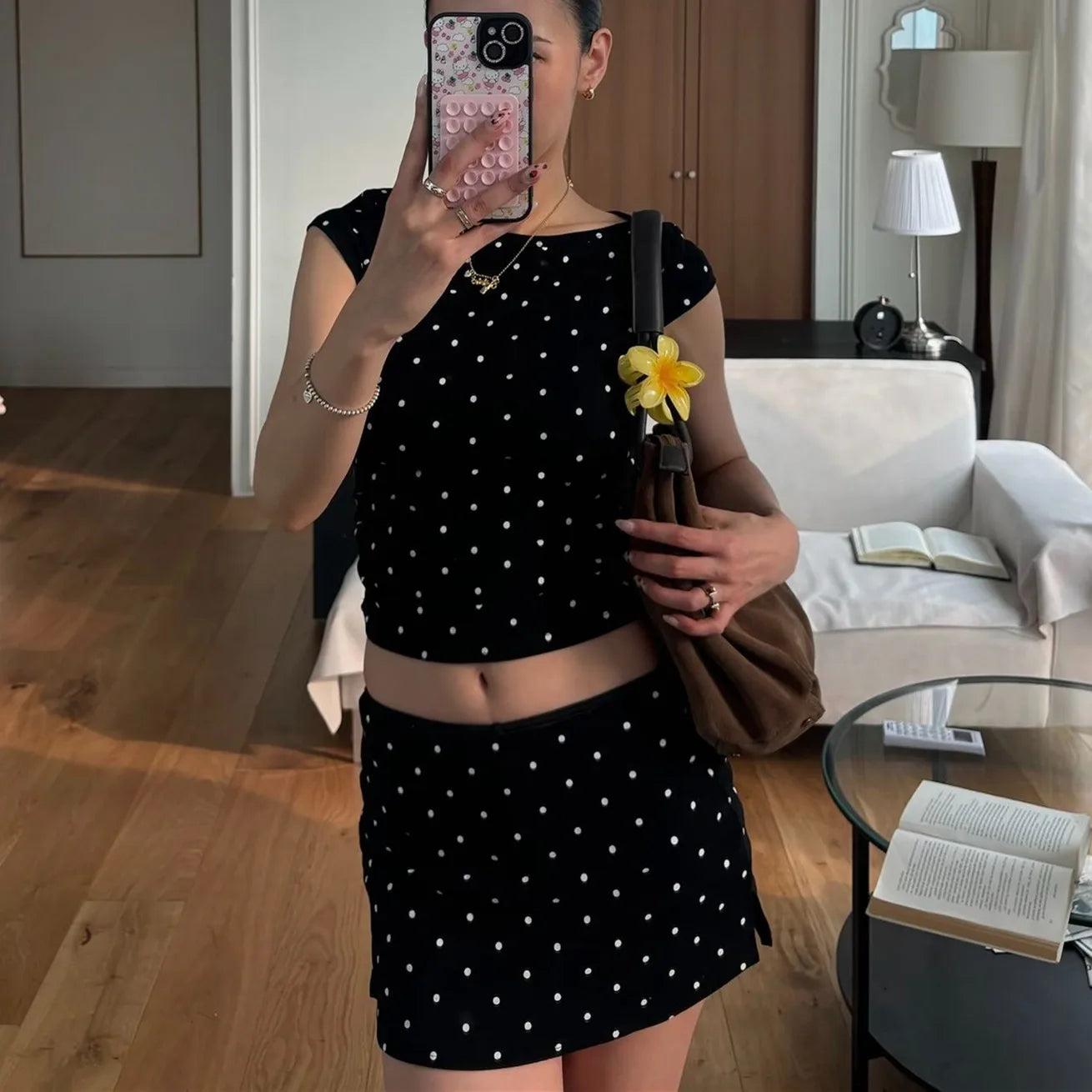 LIZAKOSHT  -  Y2k Polka Dot Skirts Set Vintage Short Sleeve Boat Neck Crop Top and Mini Skirt Sexy Women Slim Fit Vacation 2 Piece Outfits