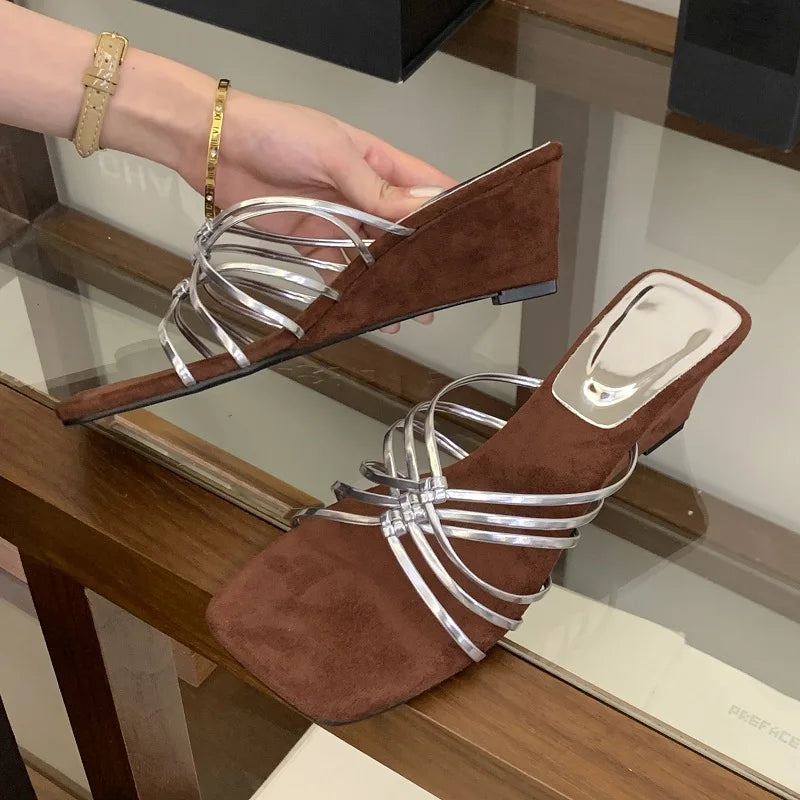 LIZAKOSHT  -  Summer Square Toe Narrow Band Women Slippers Designer Wedges High Heels Party Slides Shoes Zapatos De Mujer