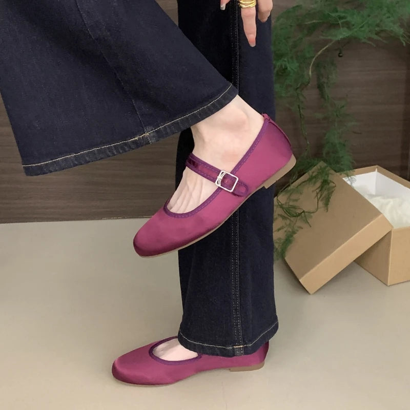 LIZAKOSHT  -  Comfort Satin Soft Sole Ladies Mary Jane Shoes Fashion Round Toe Shallow Women Flats Elegant Buckle Prom Designer Ballet Shoes