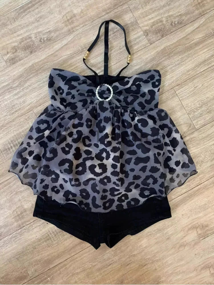 LIZAKOSHT  -  Summer Sexy Crop Tops Ropa Beach Women Halter Neck Backless Loose Vest Sweet Korean Camis Korean Leopard Print Retro Tanks Tops