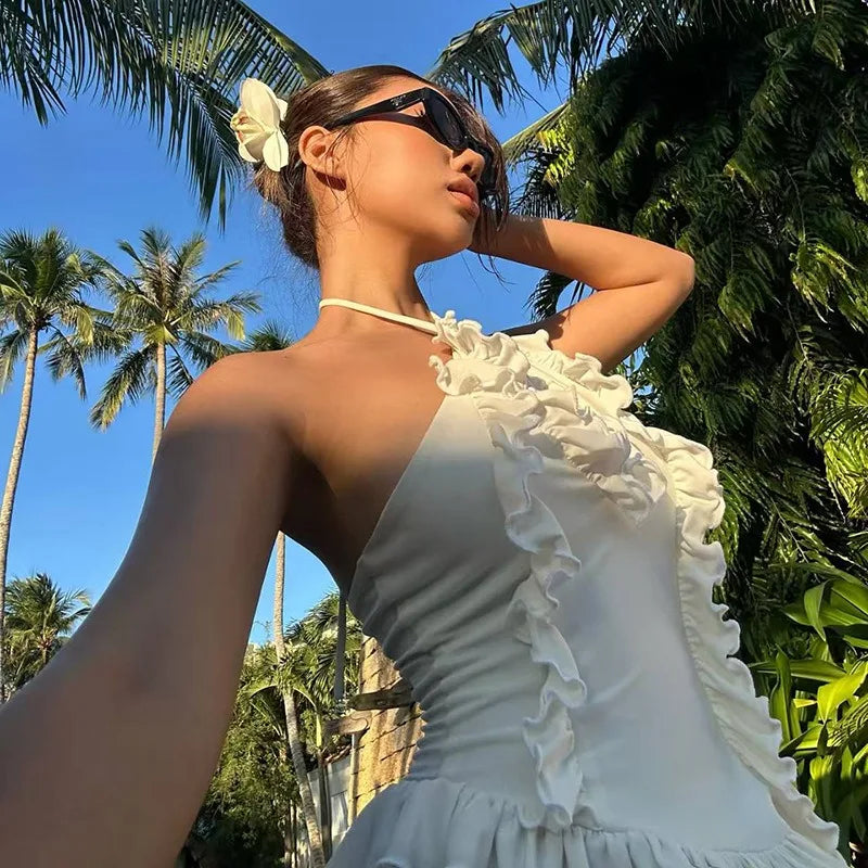 LIZAKOSHT  -  Fashion Elegant 2-Piece Set Women Cross Halter Hollow Ruffles Irregular Hem Vests+Folds Mesh Long Skirt Vacation Matching Suits