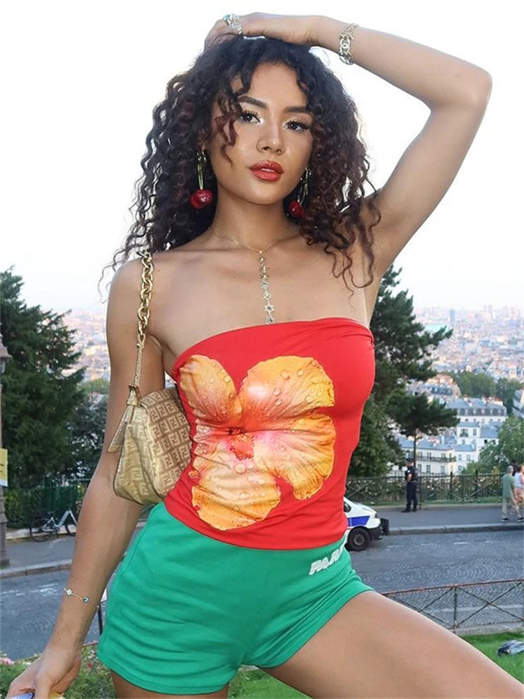 LIZAKOSHT  -  Strapless Flower Printed Crop Top Women's Clothing Sleeveless Tank Top Hottie Summer Streetwear