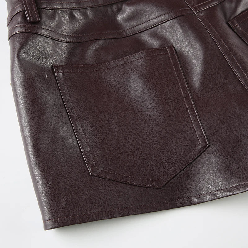 LIZAKOSHT  -  Vintage Lace Up Design Low Waist Mini Shorts Gothic Streetwear Sexy Slim Fit Brown PU Leather Pants for Women Y2k Chic