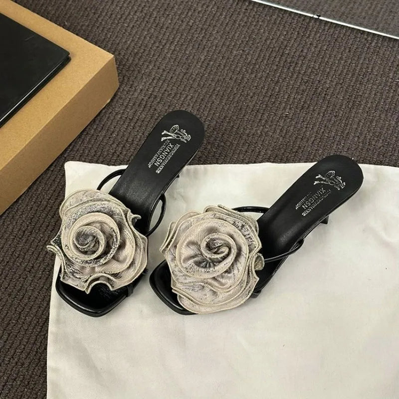 LIZAKOSHT  -   Designer Luxury Summer Flower Women High Heel Slippers Outdoor Open Toe Slides Shoes Ladies Ladies Elegant Dress Sandalias