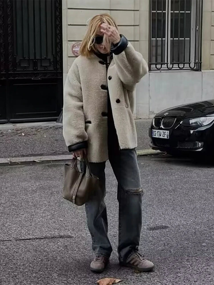 LIZAKOSHT  -  Mid Length Leather Fur One-Piece Jacket Coat Knot Buckle Lamb Faux Fur Overcoat Round Neck Women Classic Two Wear Outwear Top