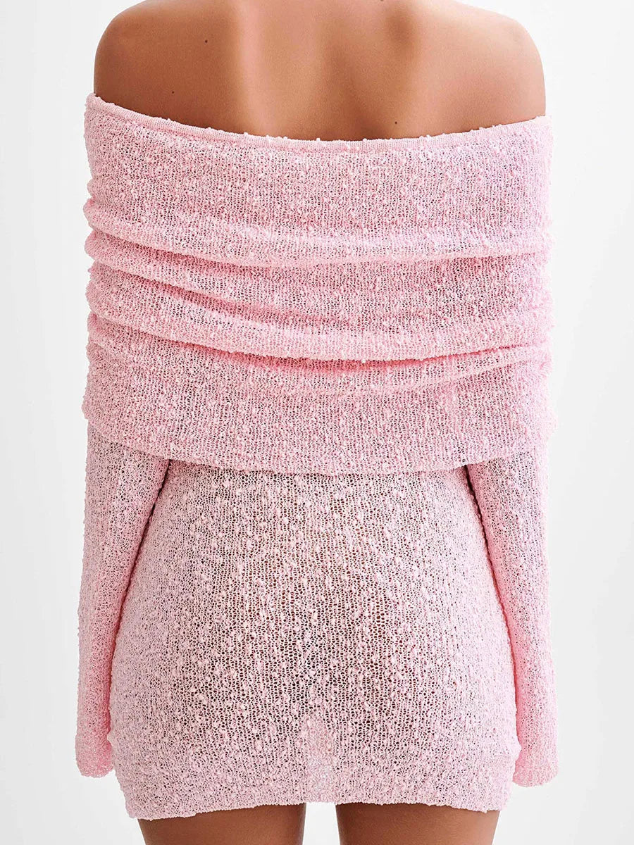 LIZAKOSHT  -  Sexy Women Bodycon Knitted Mini Dress Elegant Lady Boat Neck Off Shoulder Long Sleeve Casual Fuzzy Short Dress Party Cub