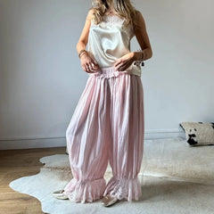 LIZAKOSHT  -  Coquette Aesthetic Bloomer Pants Women Sexy Lace Trim Ruffle Harem Pants Cute Balletcore Drawstring Loose Wide Leg Trousers
