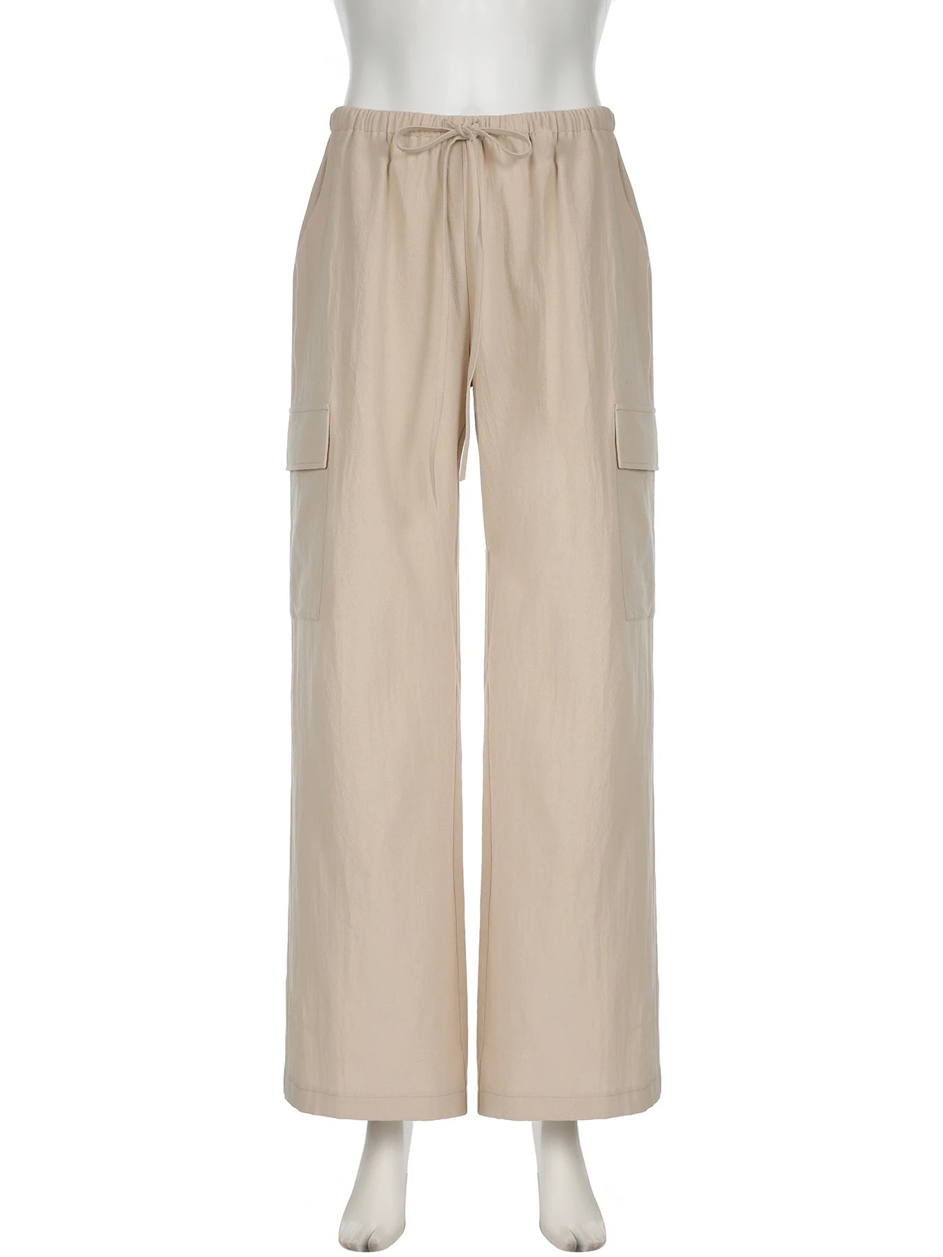 LIZAKOSHT  -  Casual Basic Solid Big Pockets Wide Leg Pants Loose Bandage Low-Waisted Straight Pants Women Autumn Spring Fashion