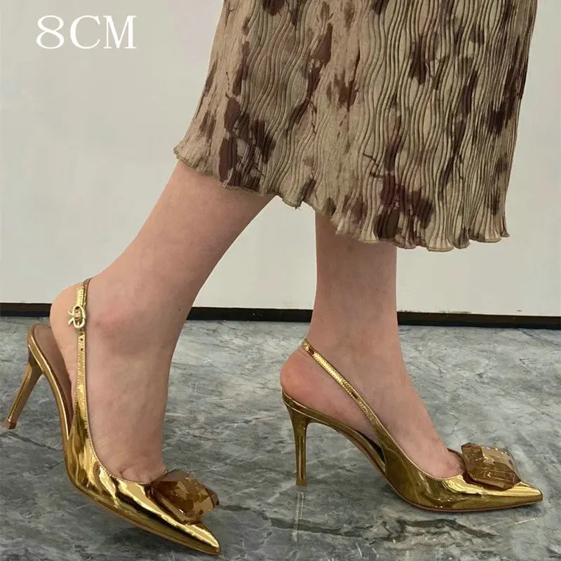 LIZAKOSHT  -  Summer New High-Heeled Shoes Pointy Square Buckle Crystal Shallow Mouth Thin Heels Elegant Sandals For Woman