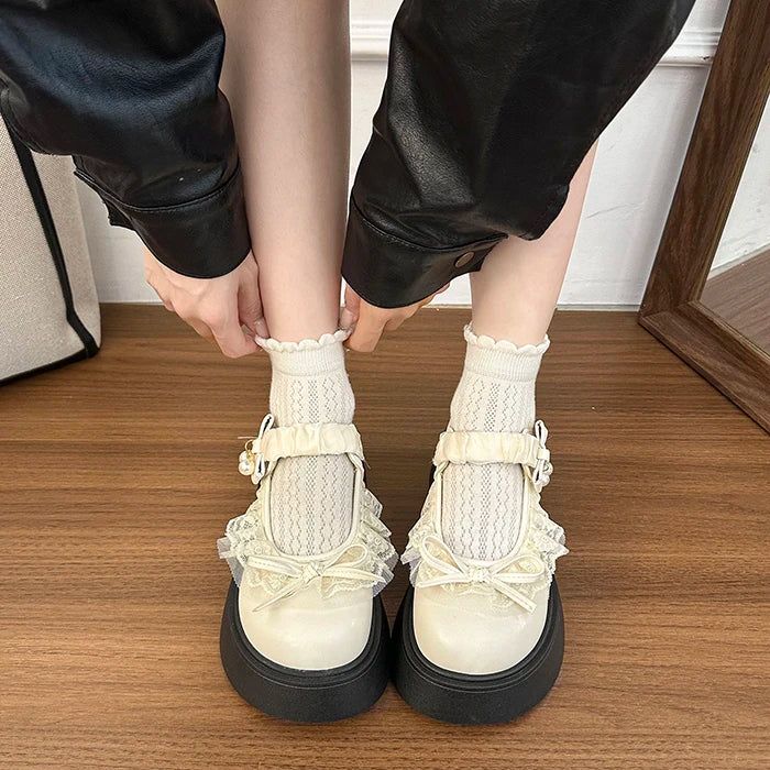 LIZAKOSHT  -  British Style Vintage Women Mary Jane Shoes Concise Butterfly-knot Single Shoes Ladies Height Increase Dress Leather Pumps