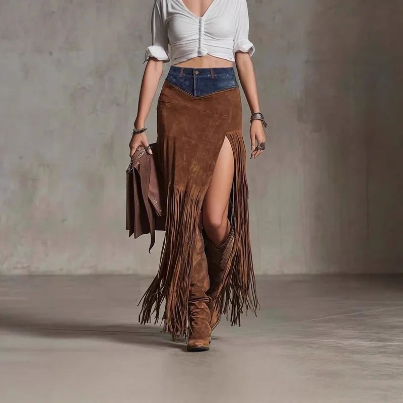 LIZAKOSHT  -  Tassel Splicing Denim Hem Irregular Suede Skirt Fashionable and Elegant Women's Clothing