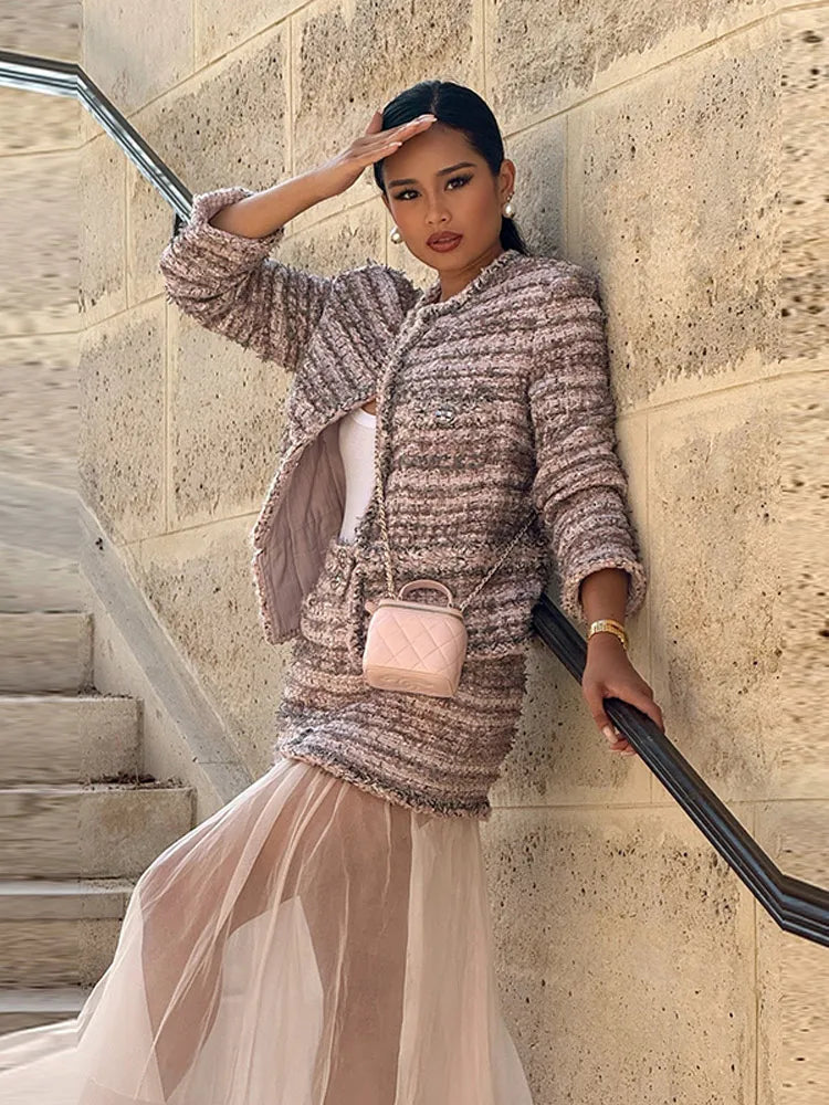 LIZAKOSHT  -  Tweed Coats Skirts Sets Women O Neck Long Sleeves High Waist Patchwork Mesh Suits Female New Chic Street Sets 2 Pieces