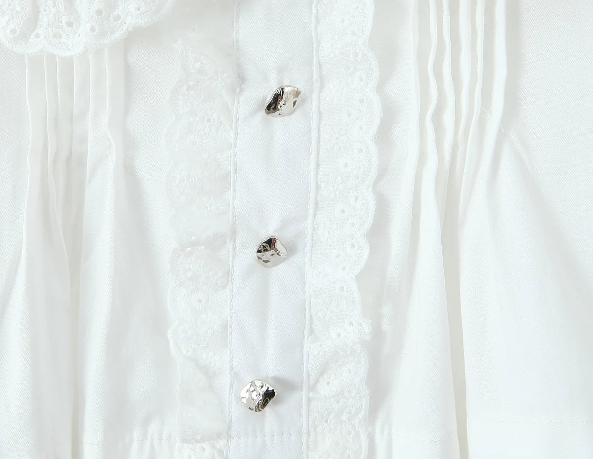 LIZAKOSHT  -  Stylish White Spliced Lace Short Puff Sleeve Shirt Women Peter Pan Collar Bow Hem Loose Crop Tops