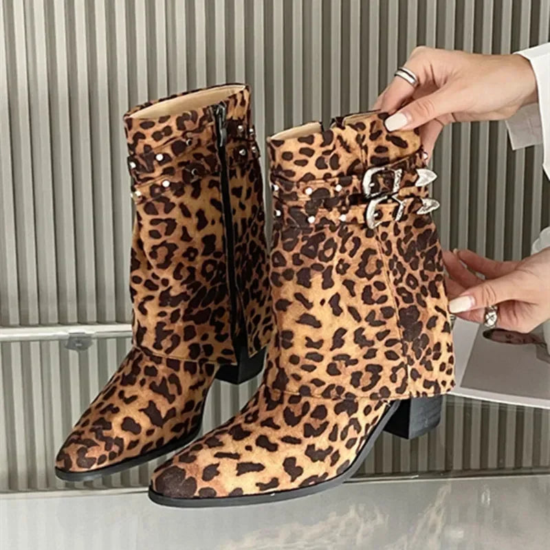 LIZAKOSHT  -  New Leopard Ankle Boots Women 2025 Sexy Pointed Toe Chunky Boots for Women Fashion Side Zip Belt Buckle Botines Winter Shoes