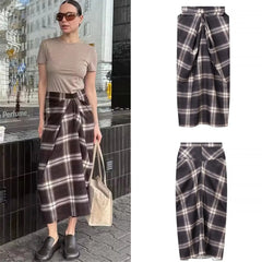 LIZAKOSHT  -  New Elegant Irregular Ruched Plaid Print Skirts Chic Patchwork Zip-up Midi Women Skirts Ladies Commute Skirts Streetwear