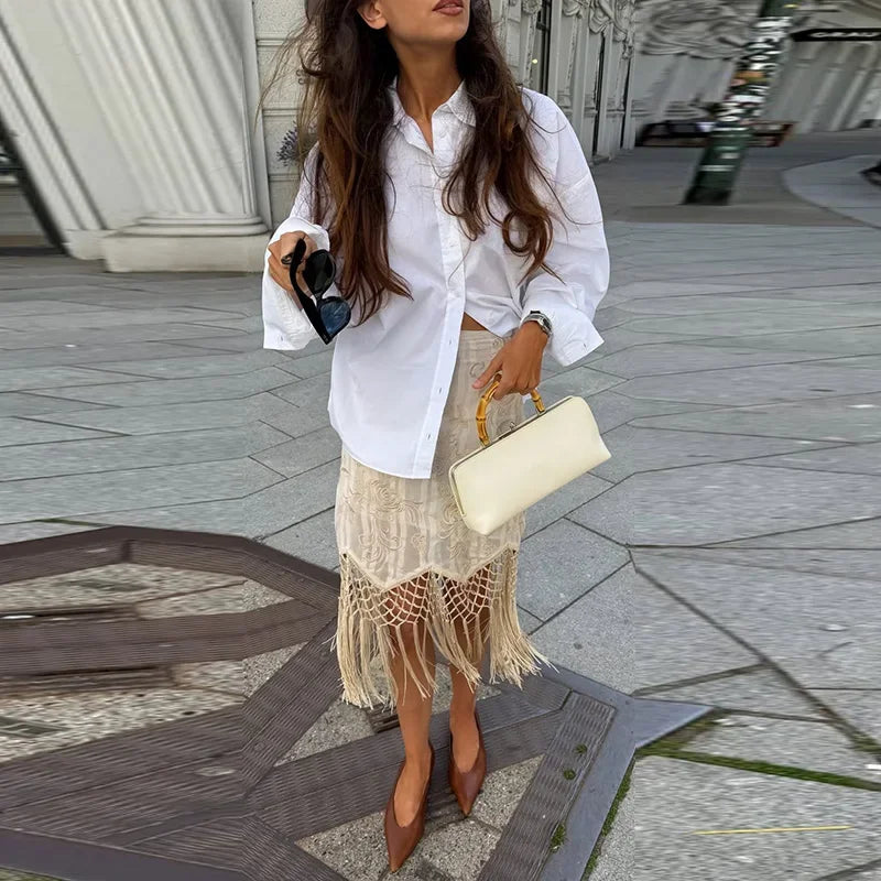 LIZAKOSHT  -  Embroidery Skirt Woman Boho Floral Tassel Midi Skirts Hollow Fishnet Mesh Asymmetric Hem High Waist Summer Wear Woman Clothes