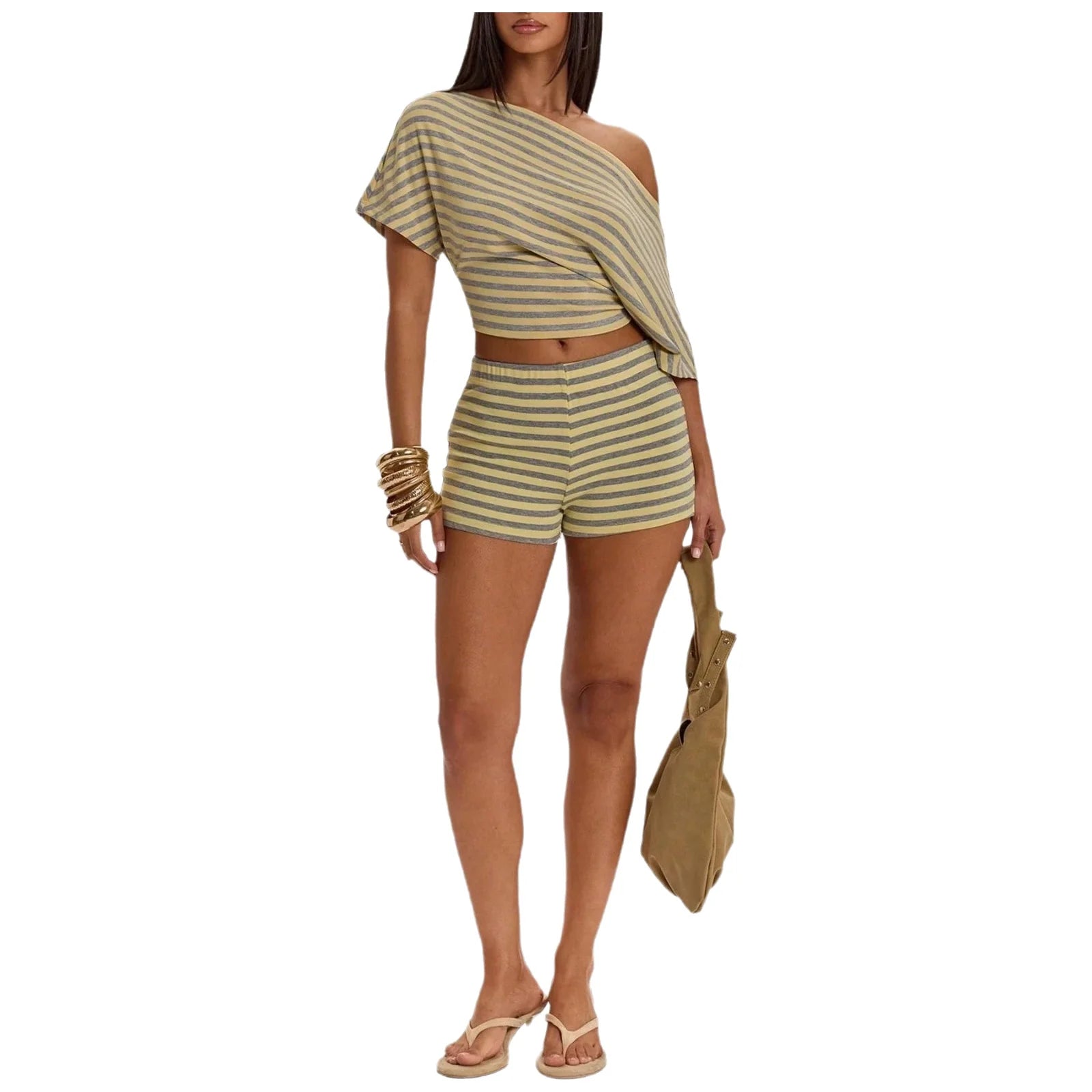 LIZAKOSHT  -  New Slim Fit Home Leisure Short Sleeve T-Shirt High Waist Shorts Set Comfortable Knitted Polyester And Spandex Casual Wear