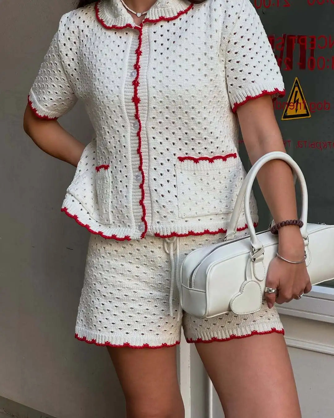 LIZAKOSHT  -  Knitted Shorts Set Fashion Casual Clashing Cardigan Top Lace Up Shorts Set Women  Vacation Sports Knitted Shorts Set